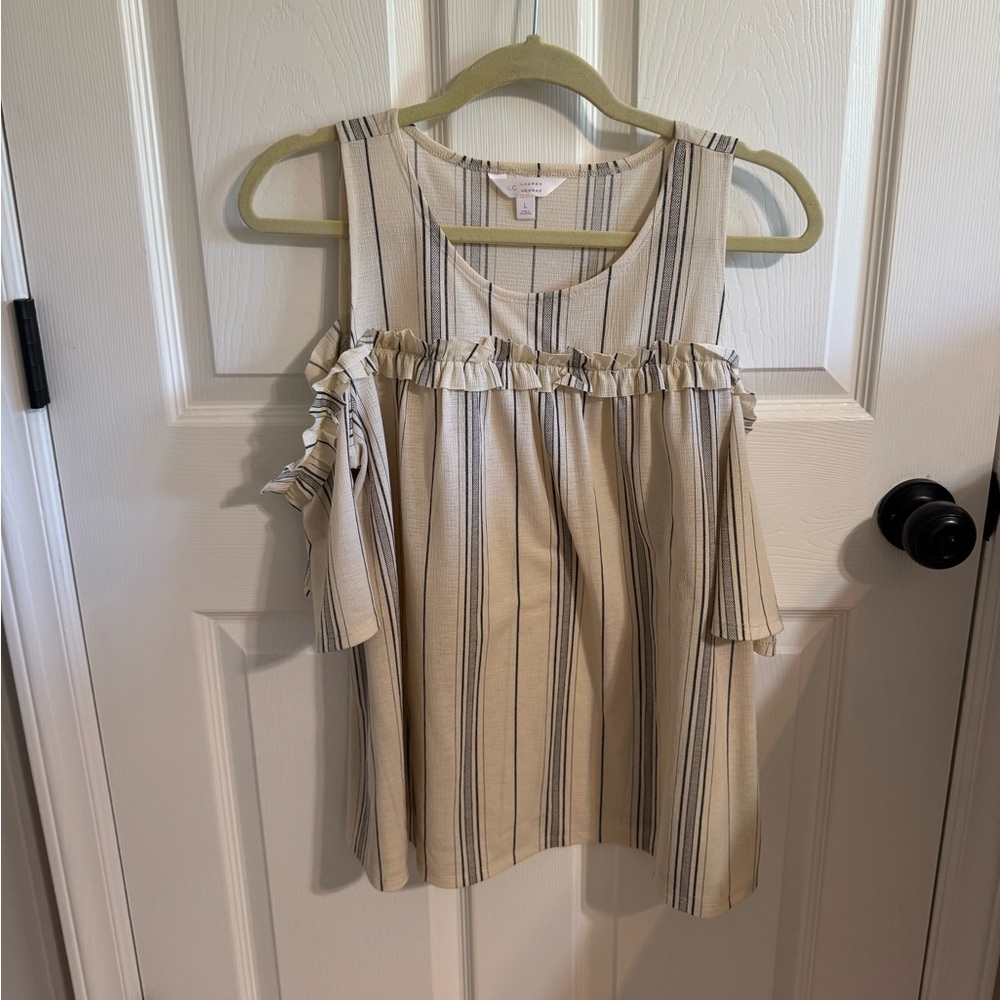 Striped Ruffle cold shoulder  Top